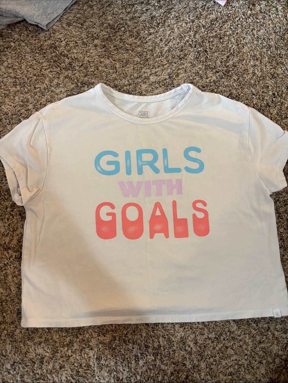 Athleta White Tee with Blue, Pink & Coral Graphic - Girls